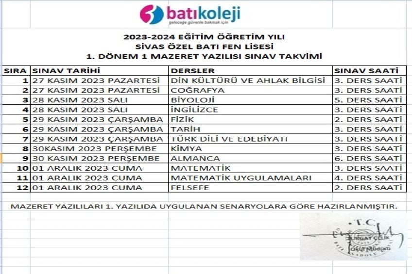 1.Dönem Mazeret Yazılı Sınavı Tarihleri